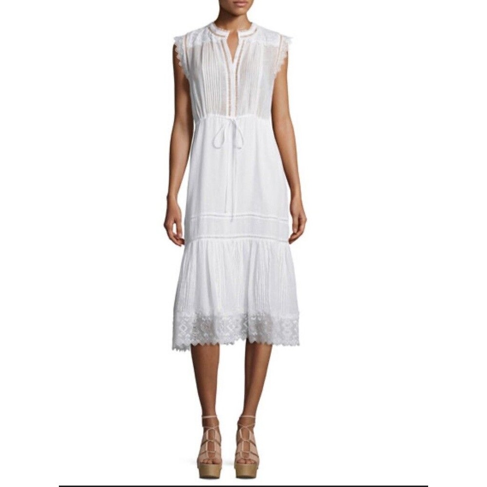 Rebecca Taylor Midi White Sleeveless Pintucked Lace Trim Dress Sz 2